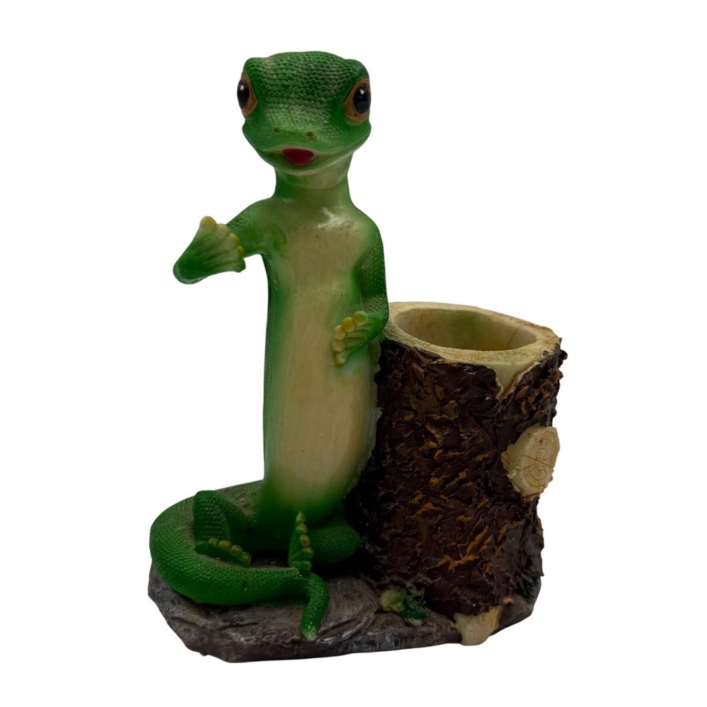 Trippie's Inc Gecko Lizard Pen Holder 5"Green Resin Tree Stump Desk Figurine